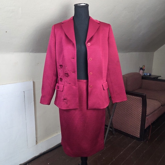 Rickie Freeman for Teri Jon Silk Wool Skirt Suit Set Size 8 Pink Textured VTG - Picture 4 of 16